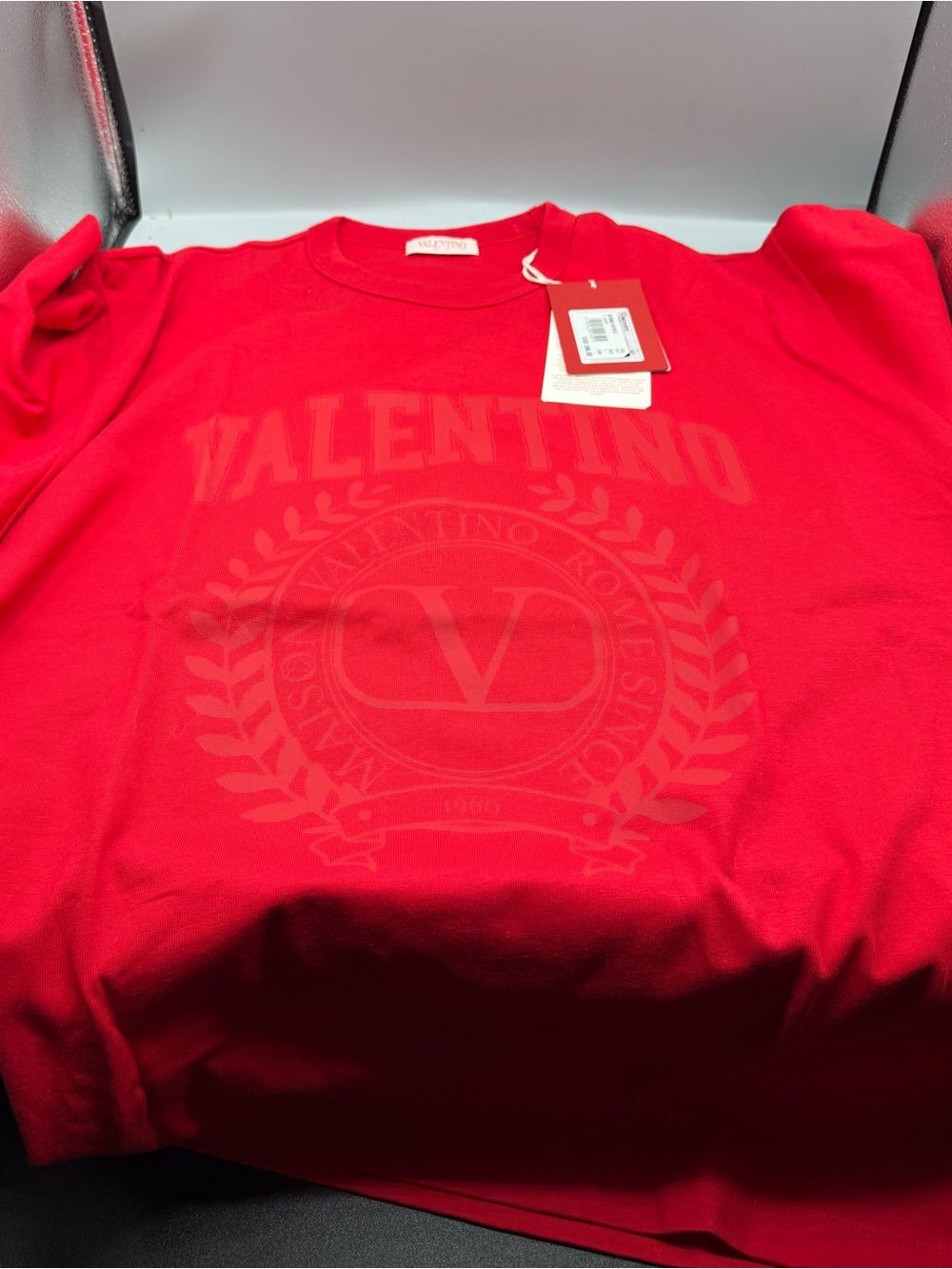 Valentino Men’s Red Logo Crewneck Tee with Tag